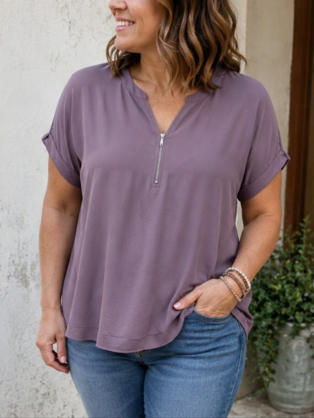 Maurices Mauve Zip-Front Short Sleeve Blouse